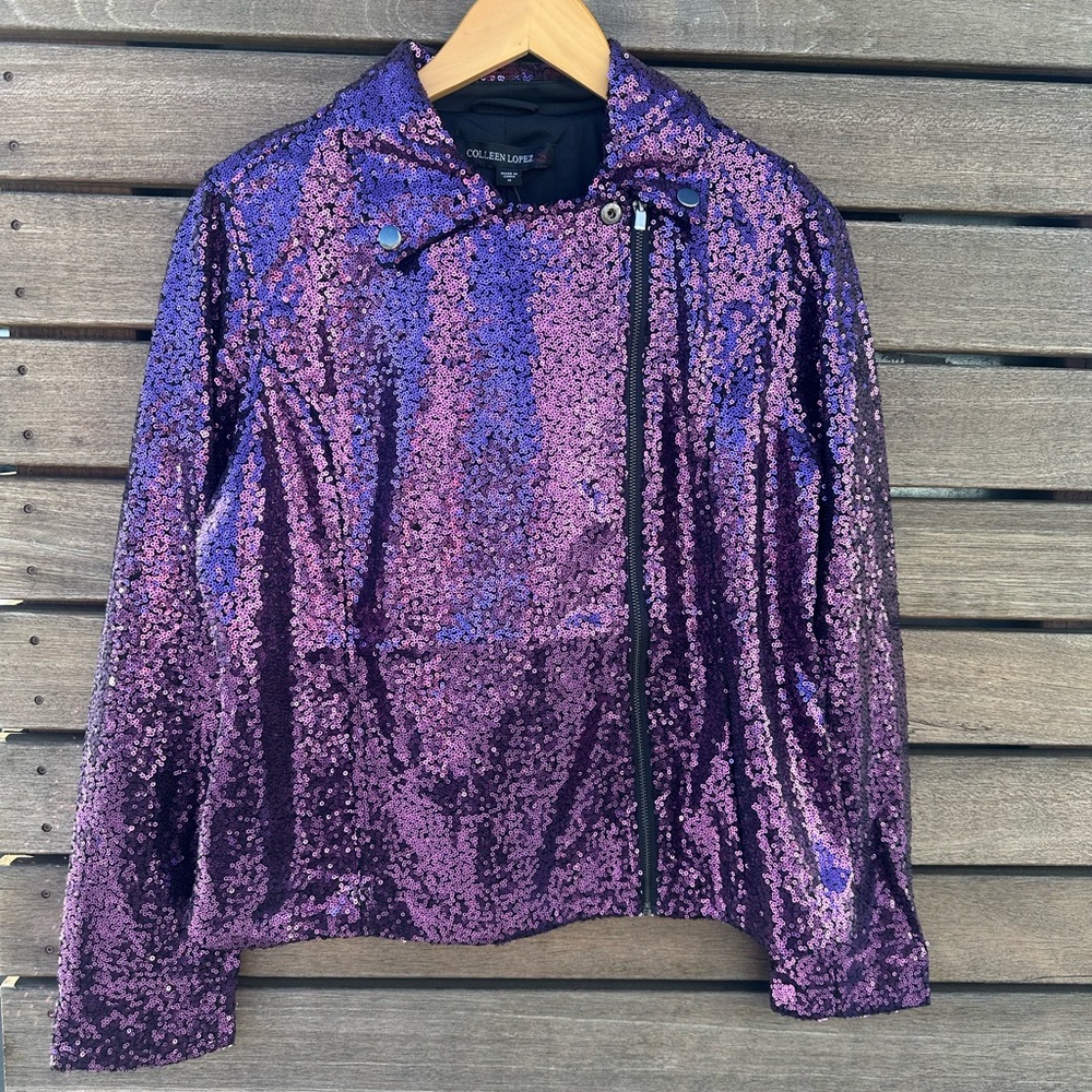 Colleen Lopez Iridescent Purple Sequin Moto Jacket Size M NWT